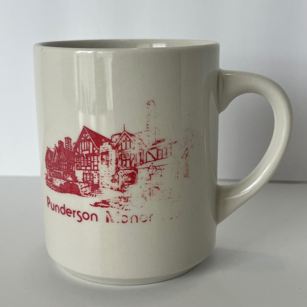 Vintage Punderson Manor Ohio Souvenir Coffee Mug Red White Ceramic Tea Cup